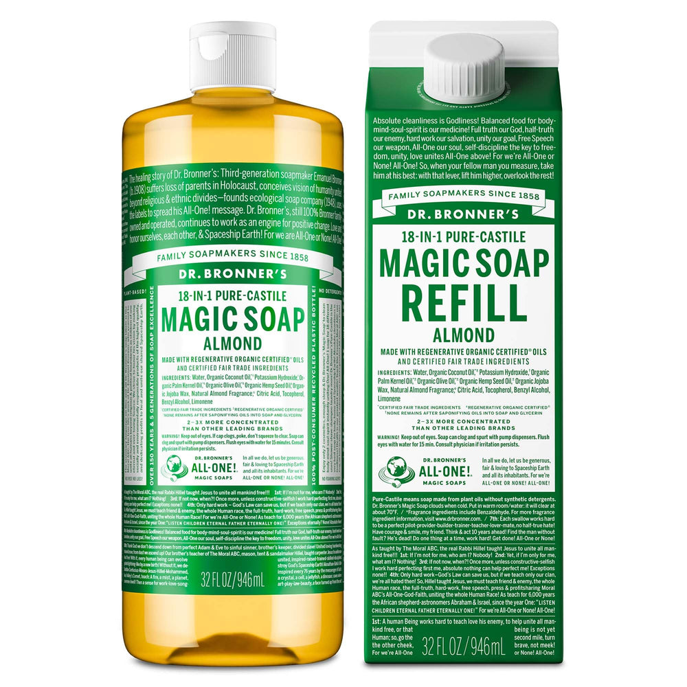 Dr. Bronner's Pure-Castile Almond bottle front with regenerative organic oils for all-body use.