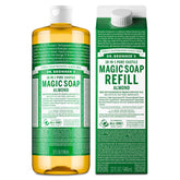 Dr. Bronner's Pure-Castile Almond bottle front with regenerative organic oils for all-body use.