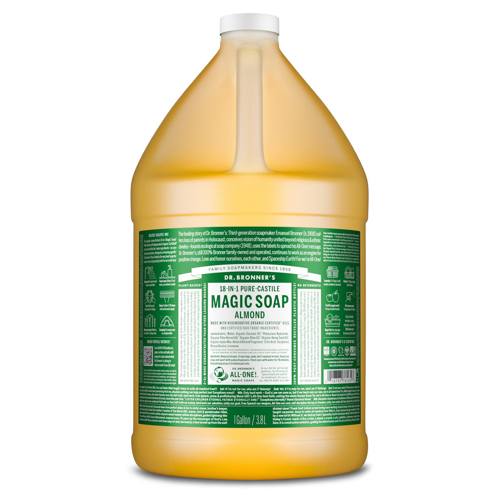 Dr. Bronner's Almond Pure-Castile bottle pour for versatile, sustainable cleaning.