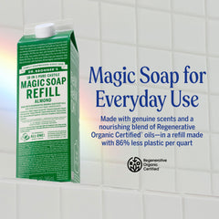 Dr. Bronner's almond liquid soap pouring for hand and body wash