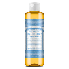 Dr. Bronner's Pure-Castile Baby Unscented bottle close-up for gentle cleansing