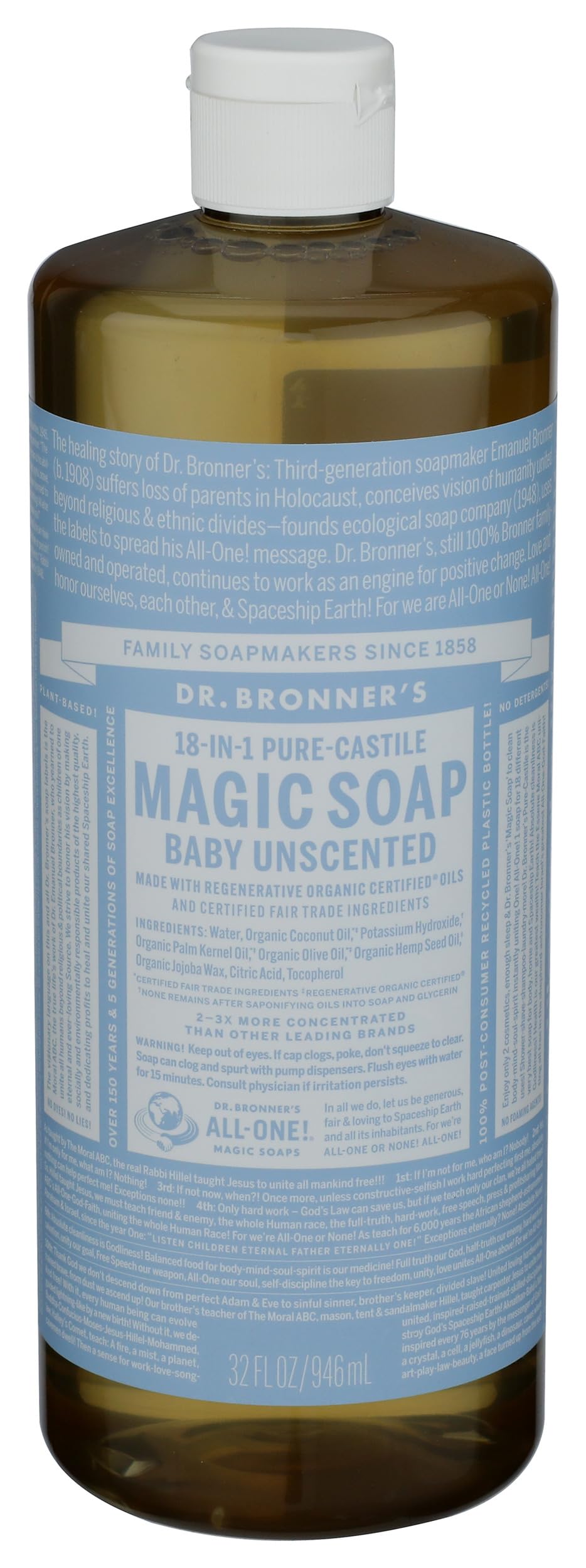 Dr. Bronner's Pure-Castile Baby Unscented Soap bottle shows fragrance free formula for sensitive skin