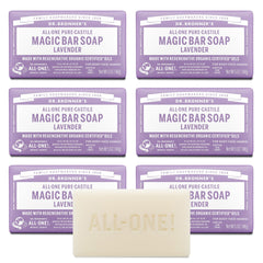 Dr. Bronner's lavender Pure-Castile bar pack for gentle face, body, and hair cleansing.