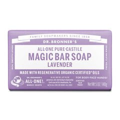 Dr. Bronner's Lavender bar soap exterior shows natural ingredients for gentle cleansing.