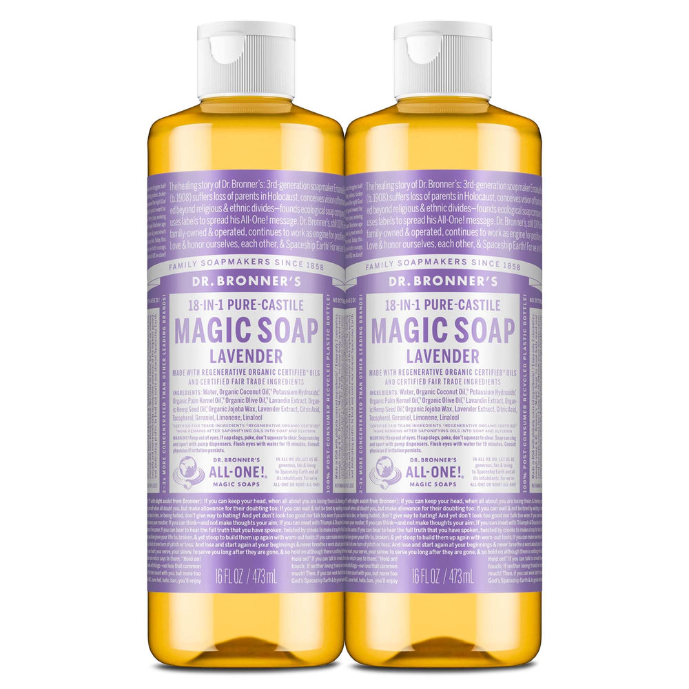 Dr. Bronner's Lavender Pure-Castile bottle for versatile skin and surface cleaning