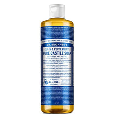 Dr. Bronner's Pure-Castile Peppermint Liquid Soap bottle with minty lather for versatile cleaning.