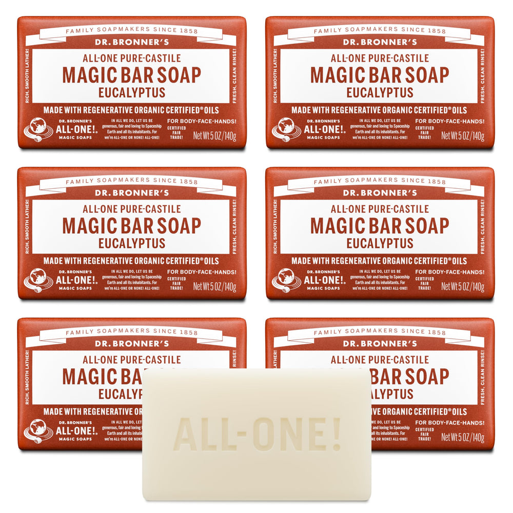 Dr. Bronner’s Pure-Castile Magic Bar Eucalyptus 6-pack wrapped in recycled paper.