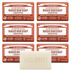Dr. Bronner’s Pure-Castile Magic Bar Eucalyptus 6-pack wrapped in recycled paper.