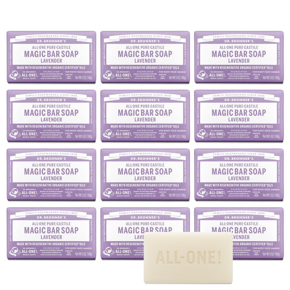 Dr. Bronner's Lavender Magic Bar close-up shows rich lather for face and body.