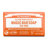 Dr. Bronner's Pure-Castile Magic Bar Tea Tree lather for refreshing cleanse.