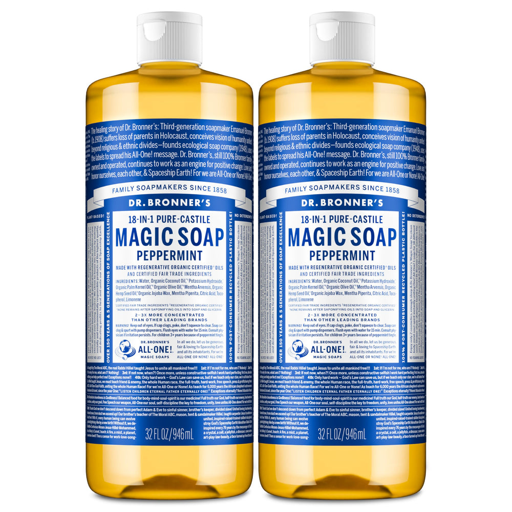 Dr. Bronner's Pure-Castile Peppermint bottle shows versatile, multi-use soap for body, dishes, and more.
