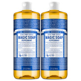 Dr. Bronner's Pure-Castile Peppermint bottle shows versatile, multi-use soap for body, dishes, and more.