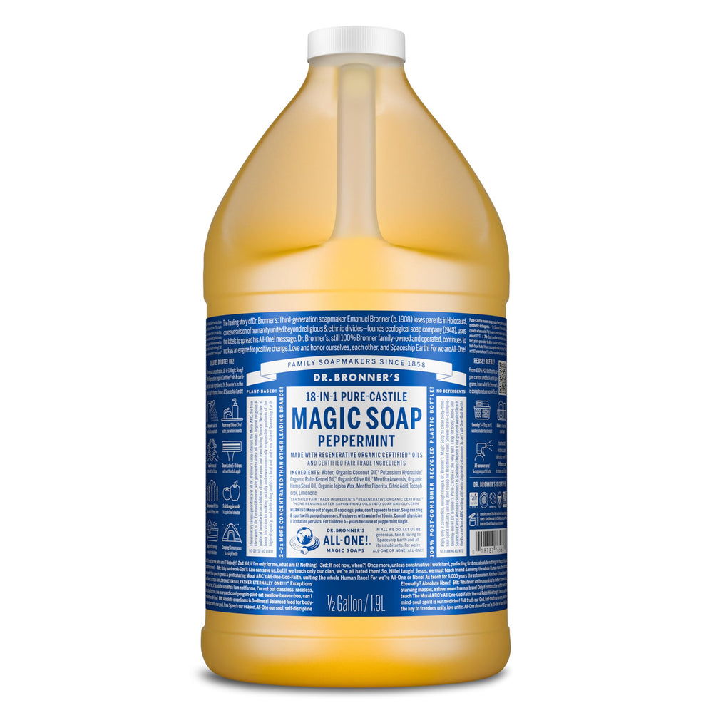 Dr. Bronner's Peppermint 64oz bottle with eco-friendly packaging, ready for all-purpose cleansing