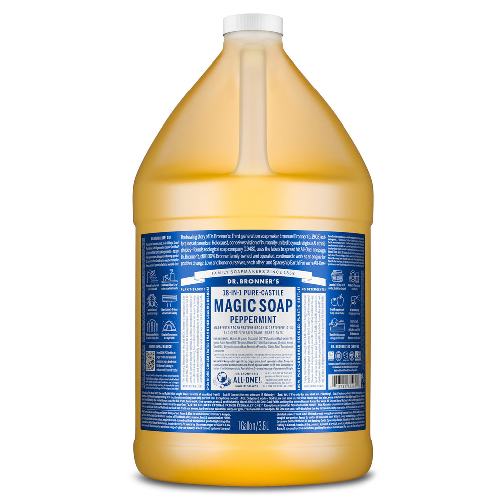 Dr. Bronner's Peppermint Pure-Castile soap bottle front; versatile cleanser for face and body.