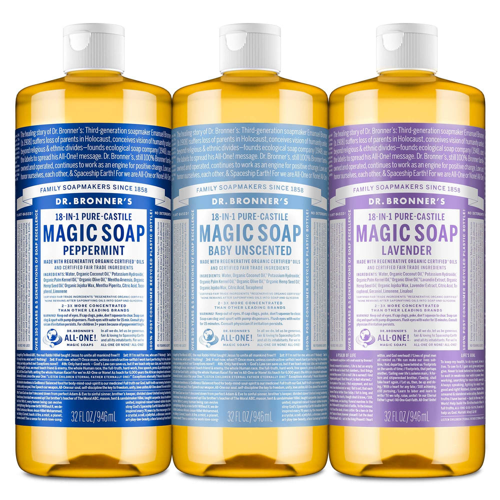 Dr. Bronner's Pure-Castile Peppermint bottle for a refreshing cleanse.