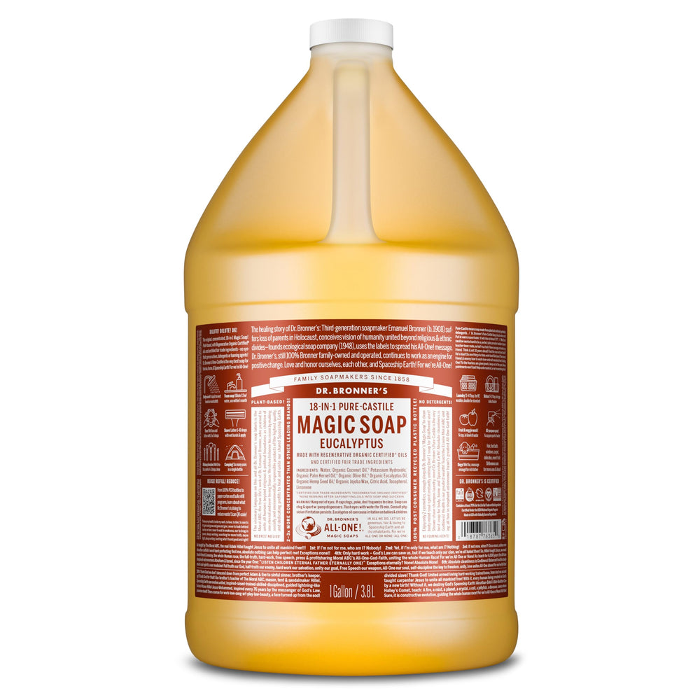 Dr. Bronner's Pure-Castile eucalyptus bottle for versatile skin and home cleaning.