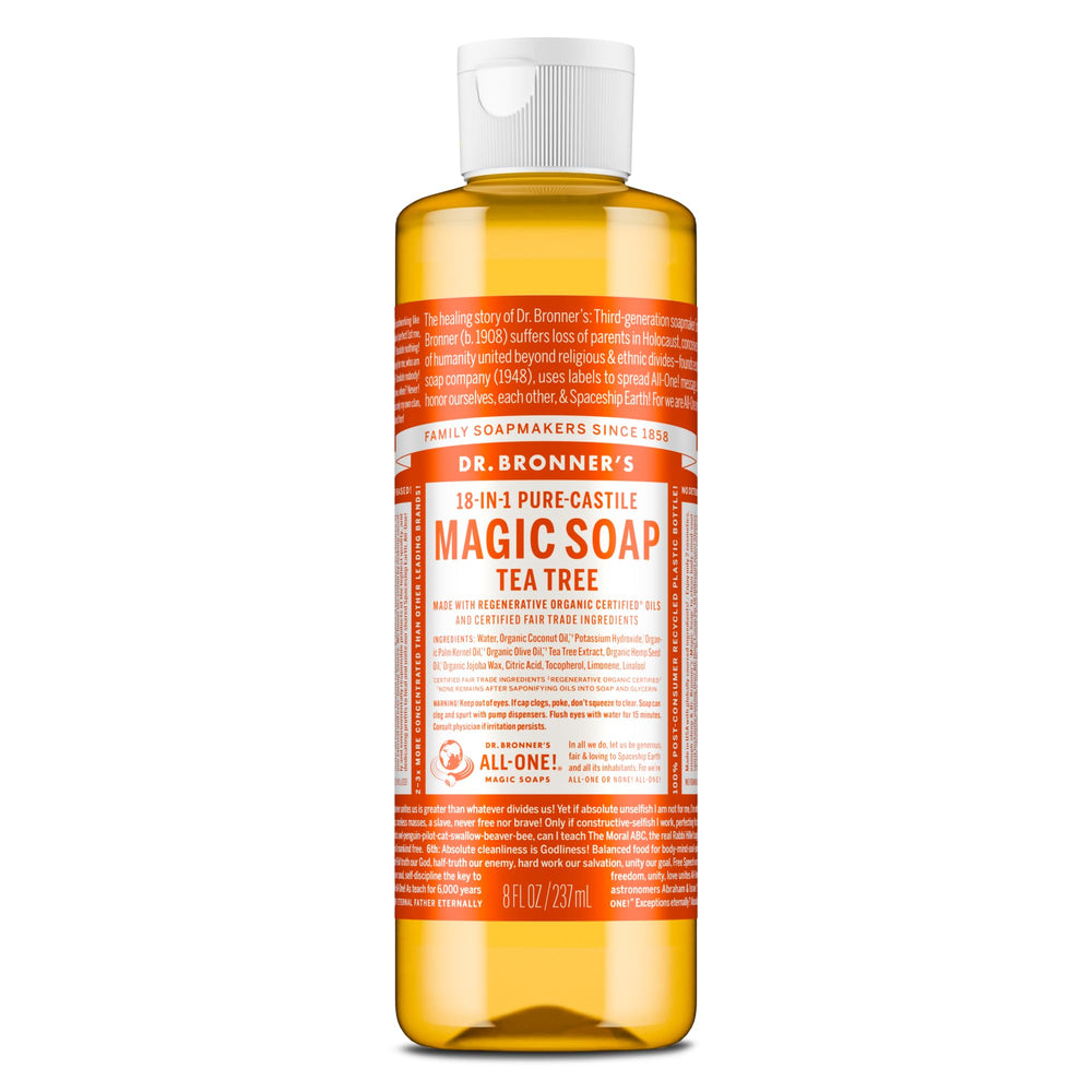 Dr. Bronner’s Jabon líquido Castile Árbol de Té: botella visible para piel sensible.