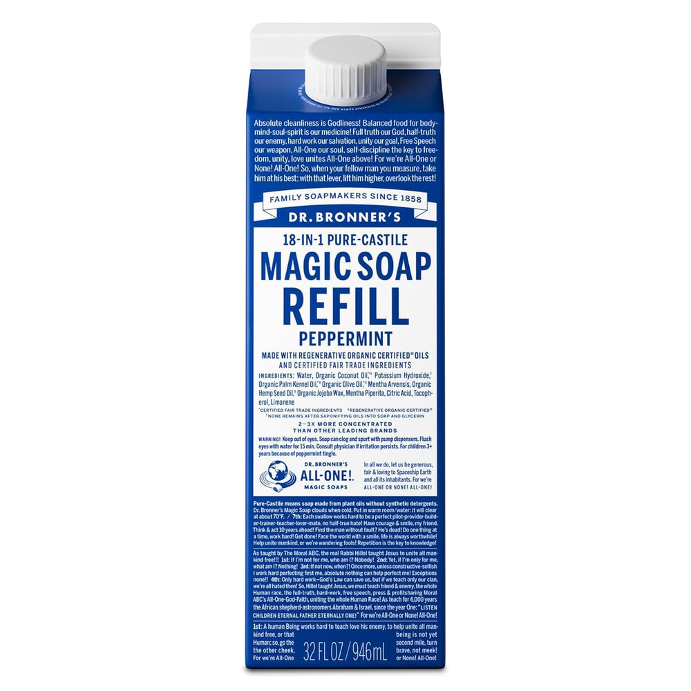 Dr Bronner's Pure-Castile Menta recarga 32oz; reducción de plástico y uso versátil.
