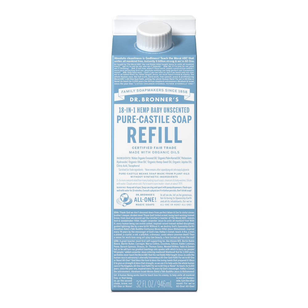 Dr. Bronner's recarga de jabón puro castile en cartón, opción sostenible para el hogar.