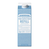 Dr. Bronner's recarga de jabón puro castile en cartón, opción sostenible para el hogar.