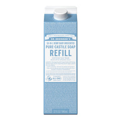 Dr. Bronner's recarga de jabón puro castile en cartón, opción sostenible para el hogar.