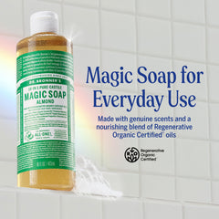 Dr. Bronner's Almond Soap showcases rich lather for skin care and cleansing.