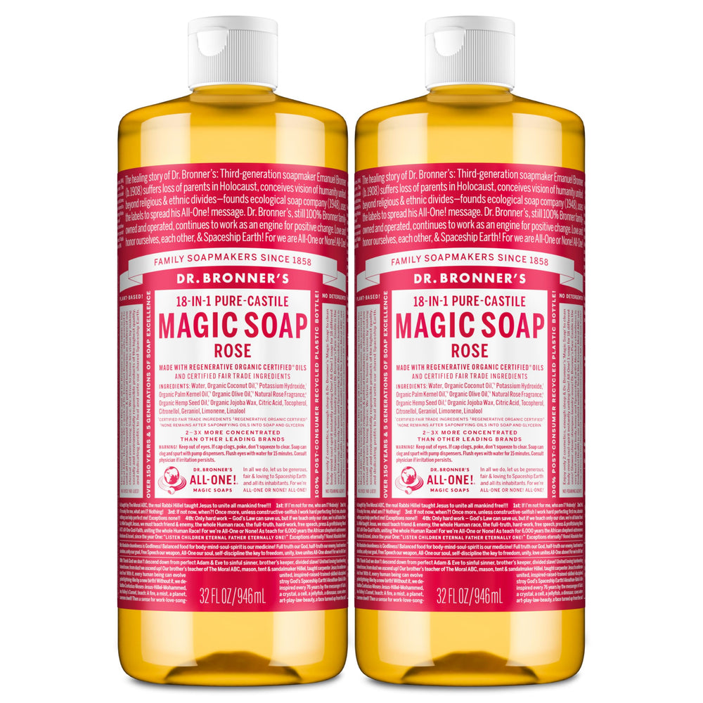 Dr. Bronner's Rose Castile soap bottle label highlights organic oils for gentle cleansing