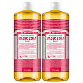Dr. Bronner's Rose Castile soap bottle label highlights organic oils for gentle cleansing
