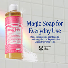 Pouring Dr. Bronner's Rose Castile soap for multipurpose cleaning