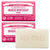 Dr. Bronner’s Rose bar two-pack front view for face, body, and hair cleansing.