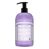 Dr. Bronner's Jabón de azúcar lavanda en botella para manos y cuerpo.