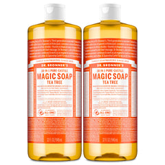 Dr. Bronner's Tea Tree liquid soap bottle closeup showing concentrated cleansing power.
