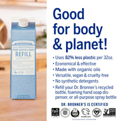 Dr. Bronner's usos múltiples del jabón líquido para rostro, cuerpo y manos.
