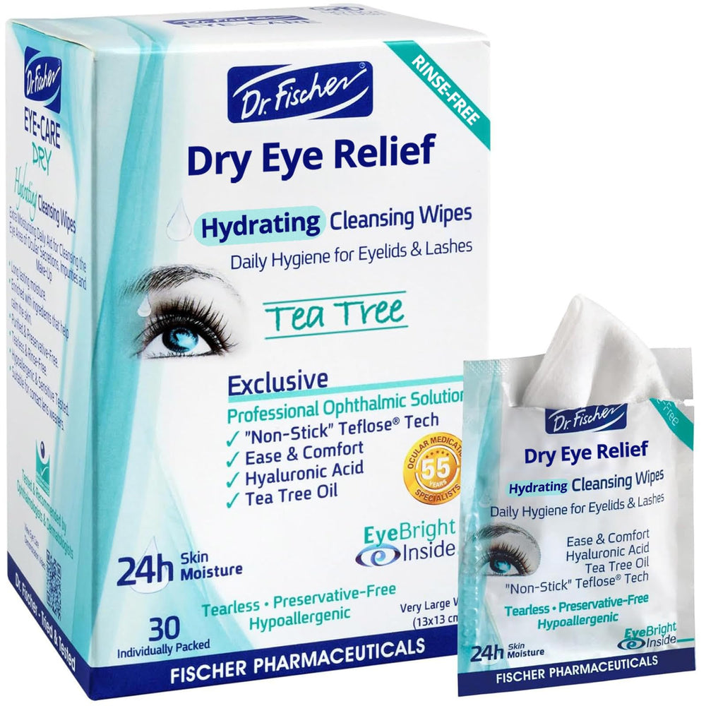 Dr Fischer, empaque de toallitas oculares, ideal para limpieza diaria suave.