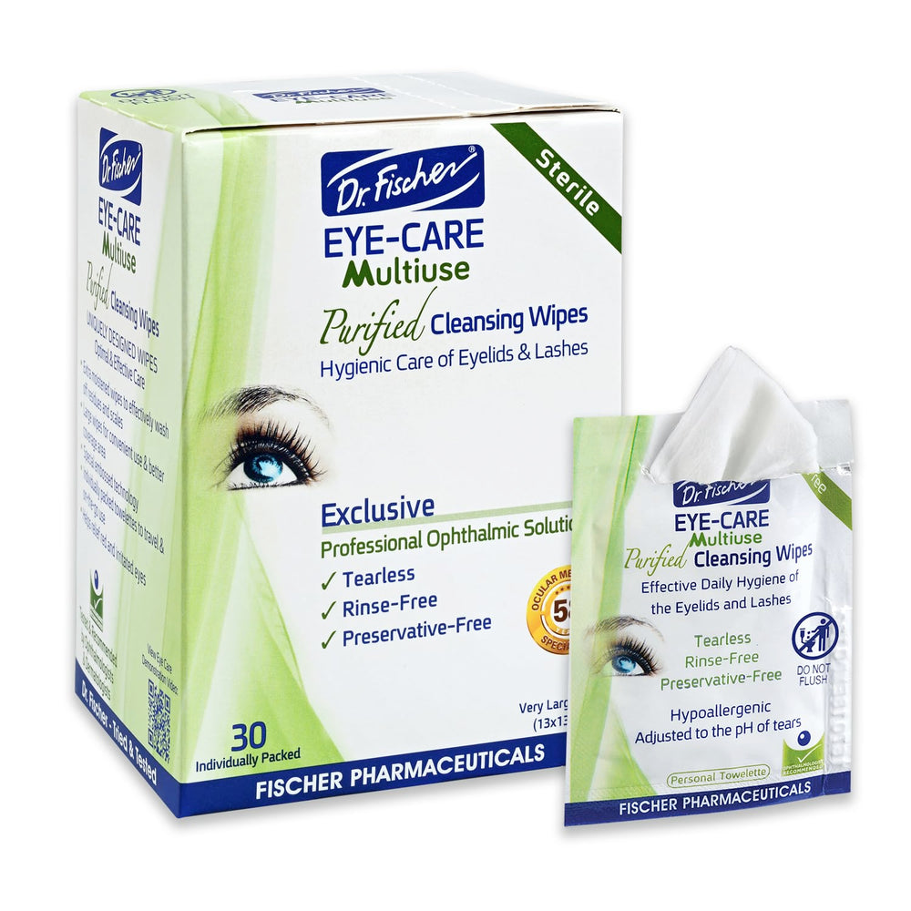 Dr. Fischer toallitas para párpados en empaque compacto, ideal para uso diario