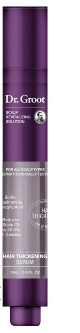 Dr. Groot hair thickening serum roll-on bottle for targeted scalp care.
