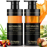 Dr. Healdy Batana Oil Shampoo bottle showing rich lather for scalp nourishment.
