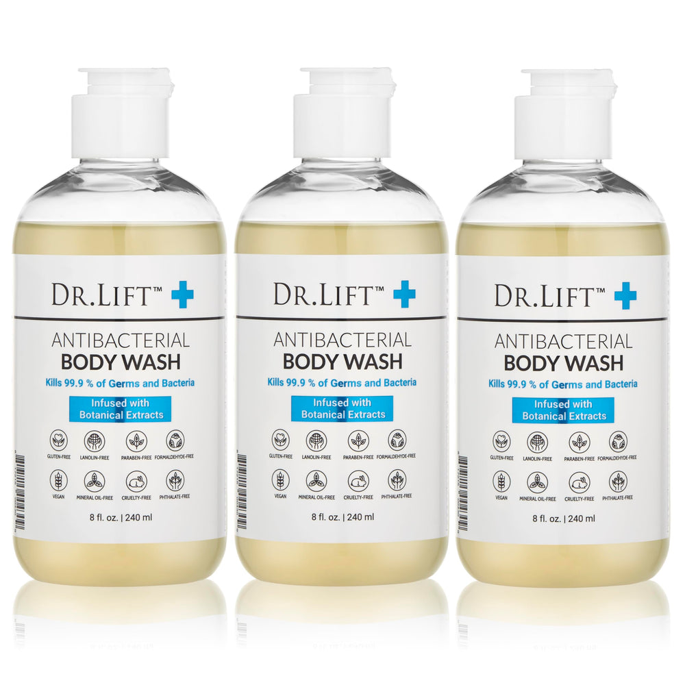 DR. LIFT antibacterial body wash 3-pack front bottle promotes clean feel and hydration