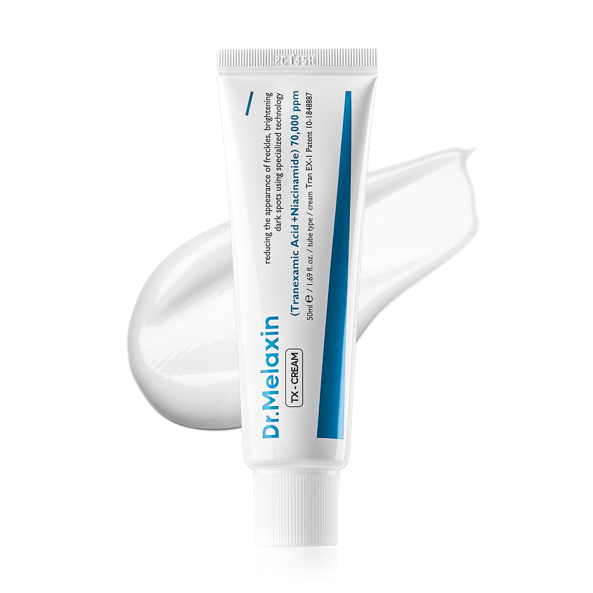Dr.Melaxin TX Cream bottle close-up showing sleek packaging for even skin tone.
