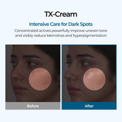 Dr.Melaxin TX Cream texture close-up suggests creamy hydration for balanced skin.