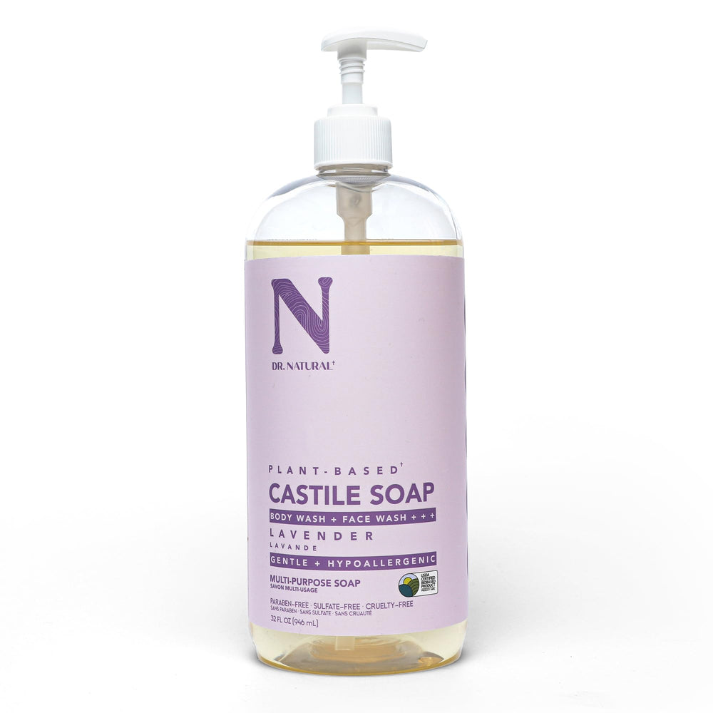 Dr. Natural Castile Lavender bottle showing gentle cleansing for skin.