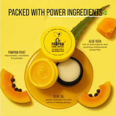 Dr. PawPaw pawpaw fruit with olive oil bottle closeup highlighting nourishing ingredients