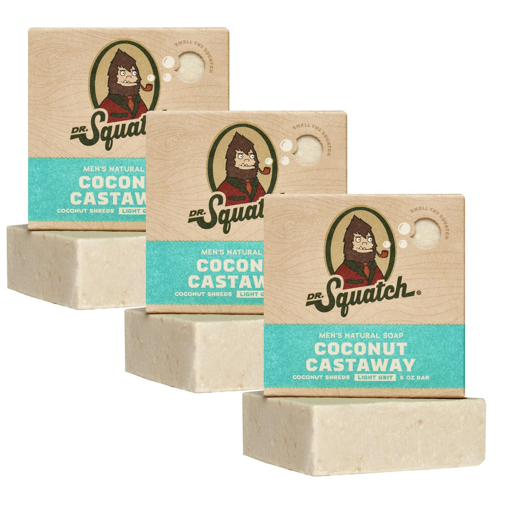 Dr. Squatch Coconut Castaway bar close-up highlighting natural lather and texture.