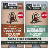 Dr. Squatch Invisible Glide Wood Barrel Bourbon bottle shows stain-free, all-day freshness.