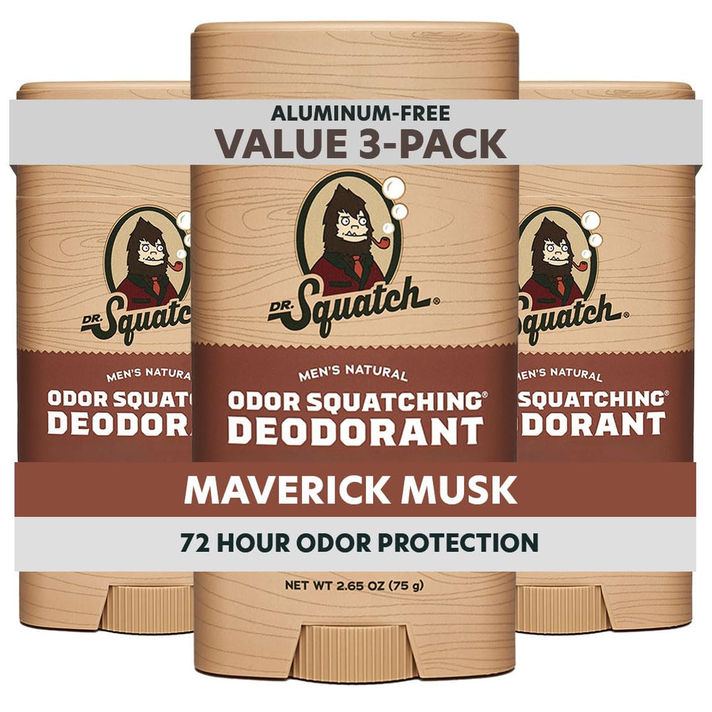 Dr. Squatch Maverick Musk deodorant stick 3-pack for all-day odor control.
