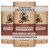 Dr. Squatch Maverick Musk deodorant stick 3-pack for all-day odor control.