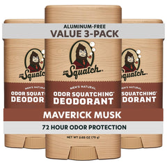 Dr. Squatch Maverick Musk deodorant stick 3-pack for all-day odor control.