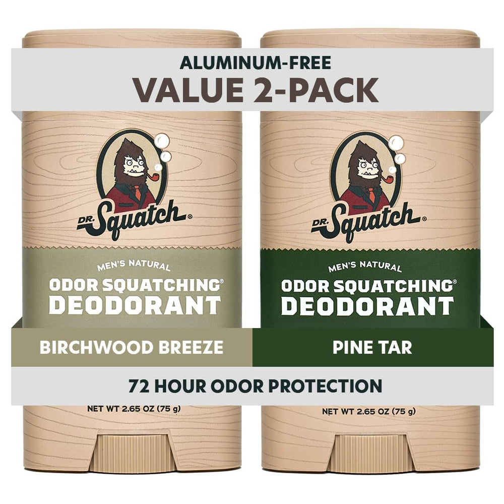 Dr. Squatch Pine Tar Birchwood Breeze deodorant stick, two-pack, offering long-lasting freshness.