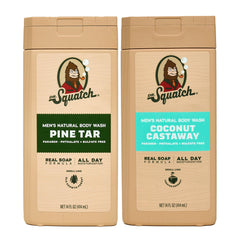 Dr. Squatch Pine Tar Coconut Castaway bottle front showing long-lasting scent