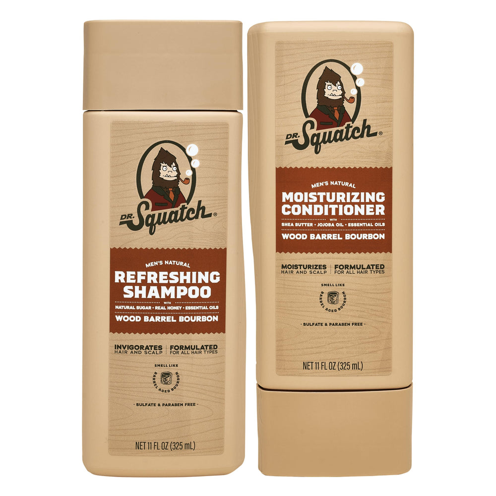 Dr. Squatch Wood Barrel Bourbon shampoo bottle for daily refresh and bold scent.